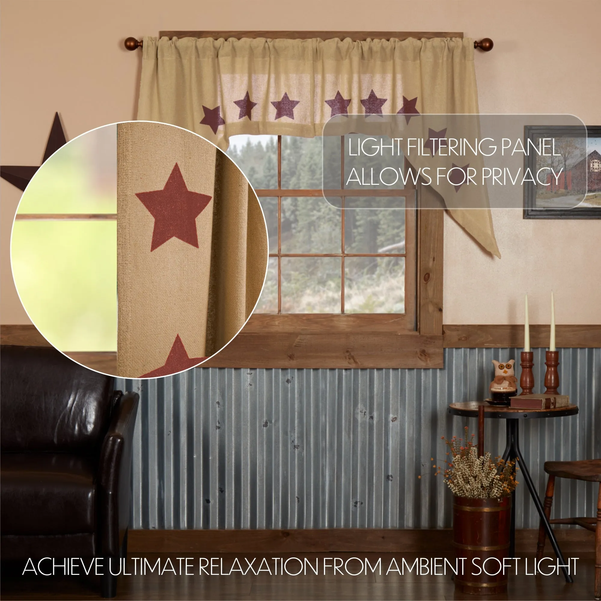 Burlap w/Burgundy Stencil Stars Swag Set of 2 36x36x16