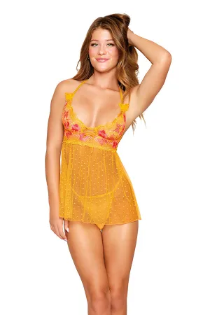 Butterfly embroidery lace and dot mesh babydoll