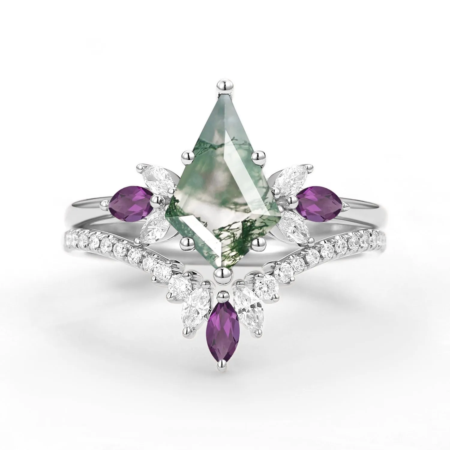 Butterfly Fairy - Moss Agate & Amethyst Engagement Ring Set 2pcs