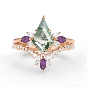 Butterfly Fairy - Moss Agate & Amethyst Engagement Ring Set 2pcs