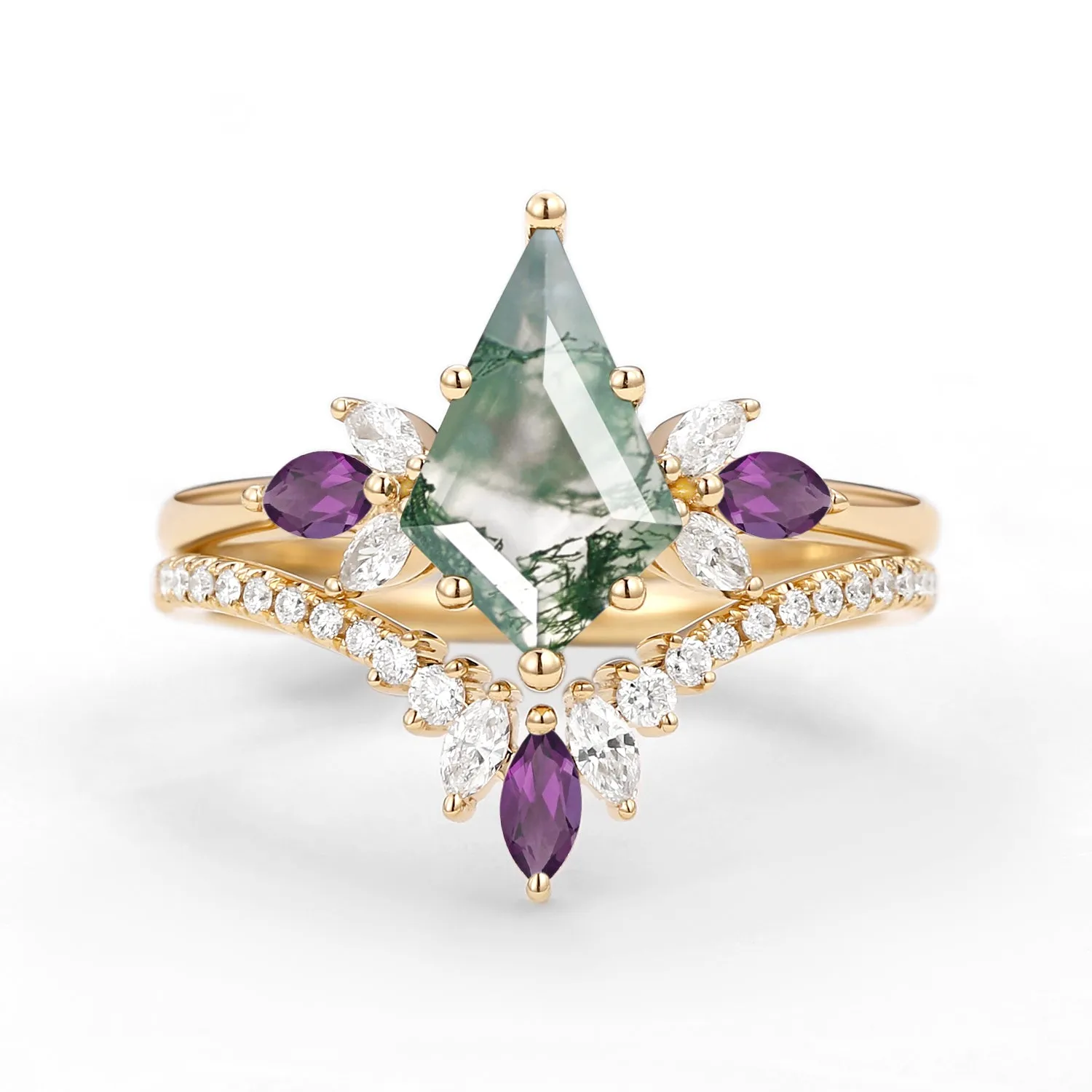 Butterfly Fairy - Moss Agate & Amethyst Engagement Ring Set 2pcs