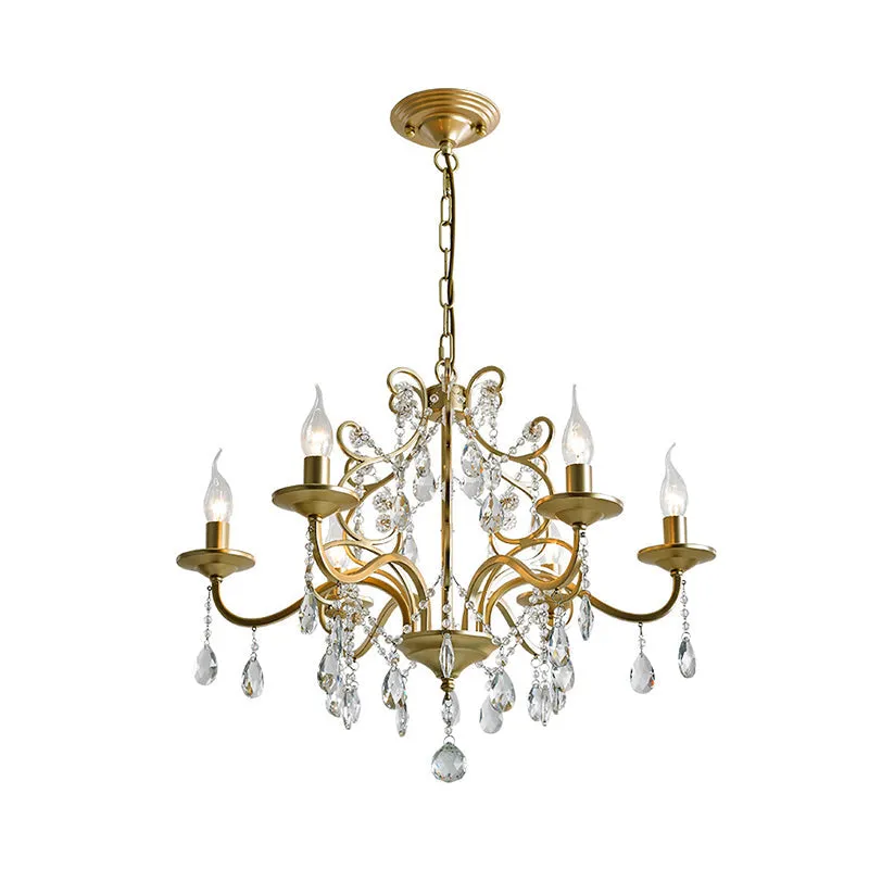 Contemporary Metal Gold Hanging Chandelier with Crystal Accent - 3/6-Bulb Bent Arm Drop Pendant