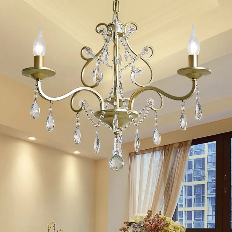 Contemporary Metal Gold Hanging Chandelier with Crystal Accent - 3/6-Bulb Bent Arm Drop Pendant