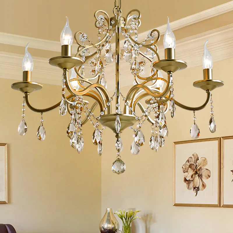 Contemporary Metal Gold Hanging Chandelier with Crystal Accent - 3/6-Bulb Bent Arm Drop Pendant