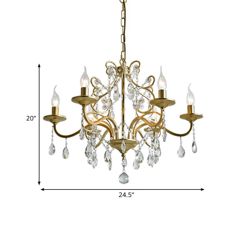 Contemporary Metal Gold Hanging Chandelier with Crystal Accent - 3/6-Bulb Bent Arm Drop Pendant