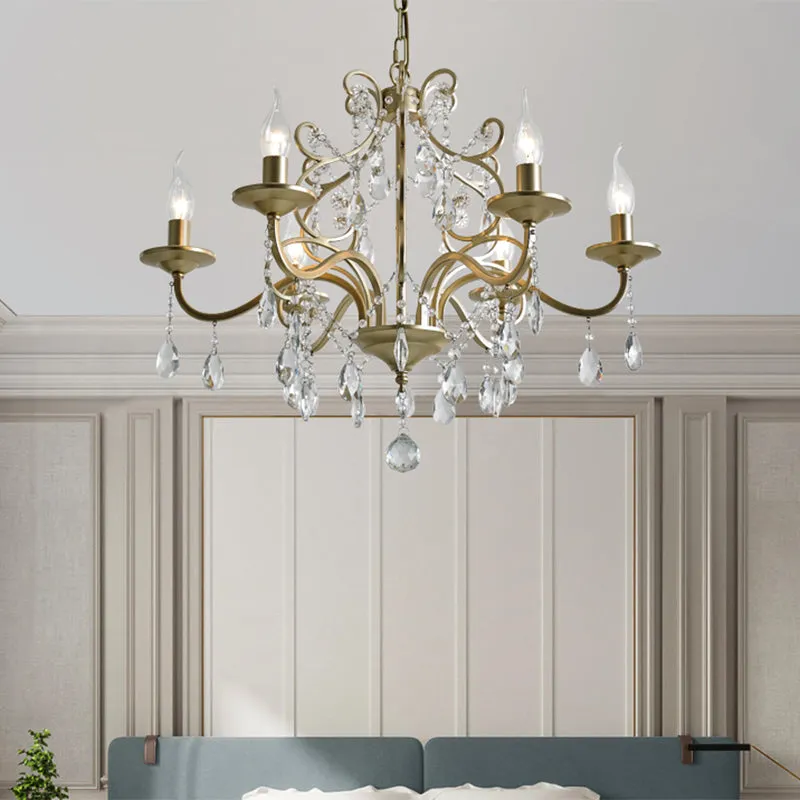Contemporary Metal Gold Hanging Chandelier with Crystal Accent - 3/6-Bulb Bent Arm Drop Pendant