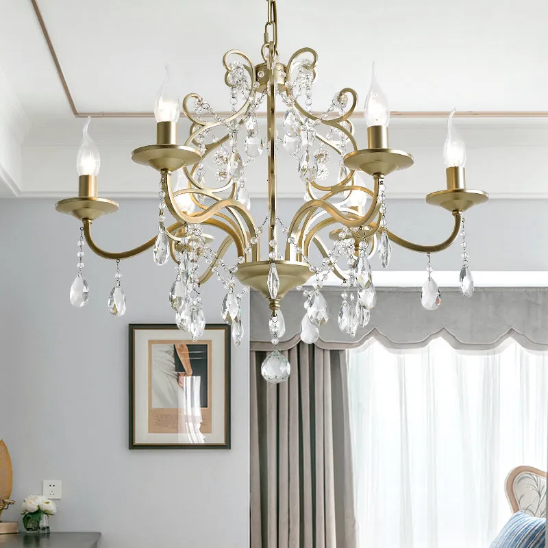 Contemporary Metal Gold Hanging Chandelier with Crystal Accent - 3/6-Bulb Bent Arm Drop Pendant