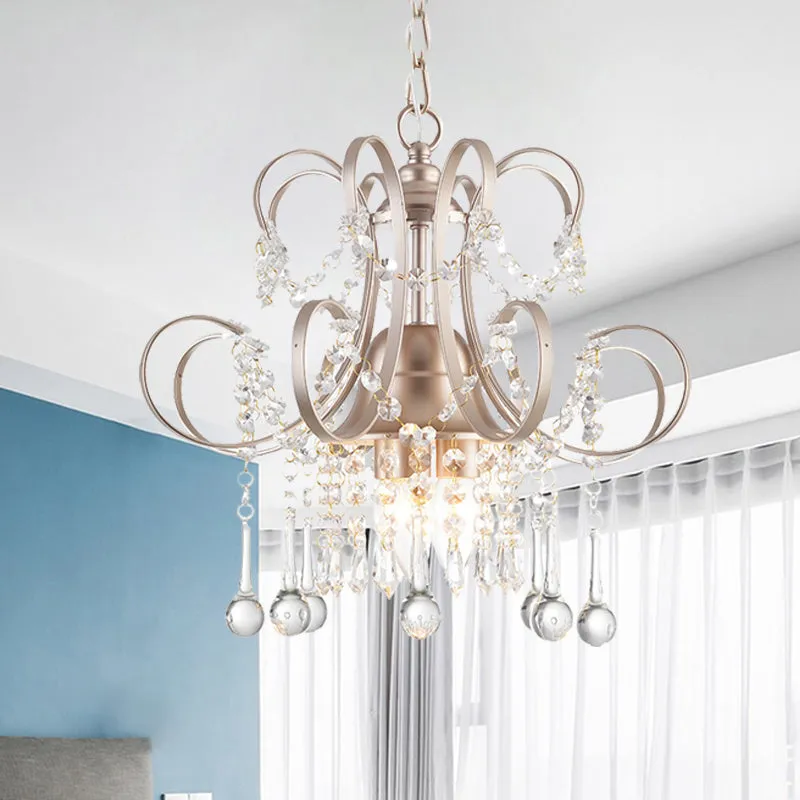 Curved Arm Crystal Teardrop Chandelier - Elegant Champagne Design for Living Room