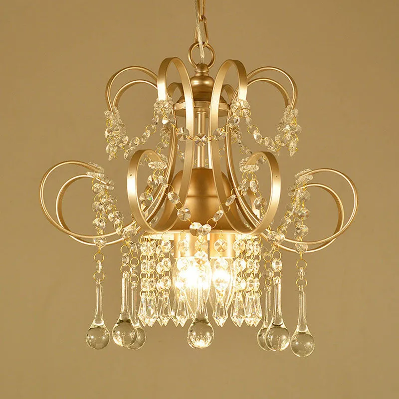 Curved Arm Crystal Teardrop Chandelier - Elegant Champagne Design for Living Room