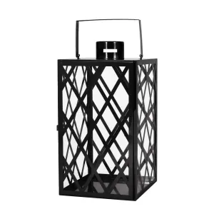 Dove 18 Inch Lantern, Lattice Black Stainless Steel, Tempered Glass By Casagear Home