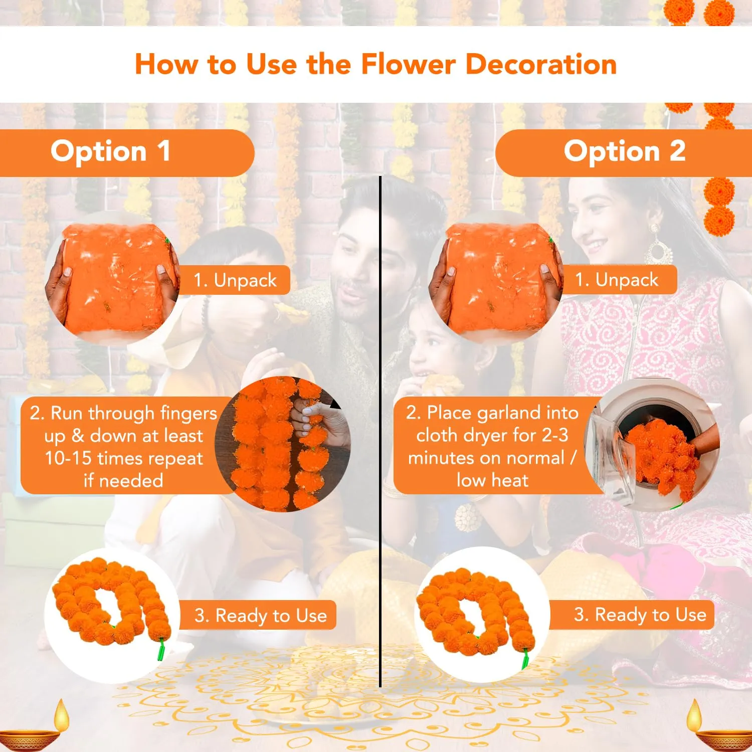 Ekhasa Artificial Orange Hanging Marigold Garlands for Home Decoration | Genda Flowers Garland Ladi for Diwali, Pooja, Ganpati, Festival, Temple Decor | Banthi Poola Dandalu | (Set of 5, 5 feet Each)