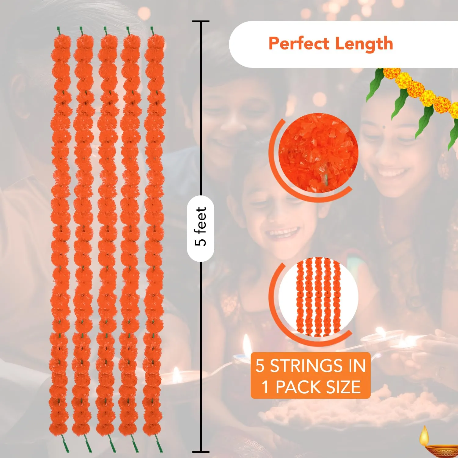 Ekhasa Artificial Orange Hanging Marigold Garlands for Home Decoration | Genda Flowers Garland Ladi for Diwali, Pooja, Ganpati, Festival, Temple Decor | Banthi Poola Dandalu | (Set of 5, 5 feet Each)