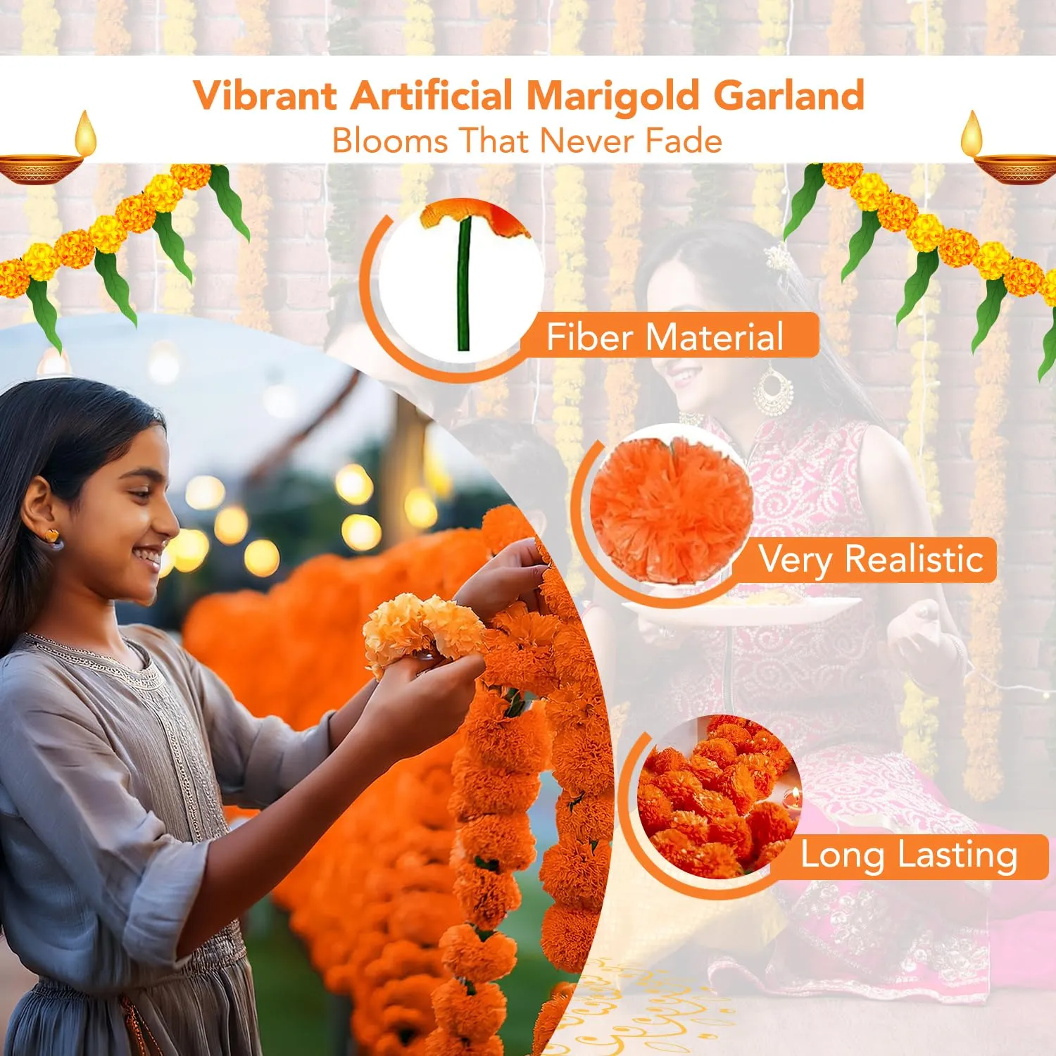 Ekhasa Artificial Orange Hanging Marigold Garlands for Home Decoration | Genda Flowers Garland Ladi for Diwali, Pooja, Ganpati, Festival, Temple Decor | Banthi Poola Dandalu | (Set of 5, 5 feet Each)
