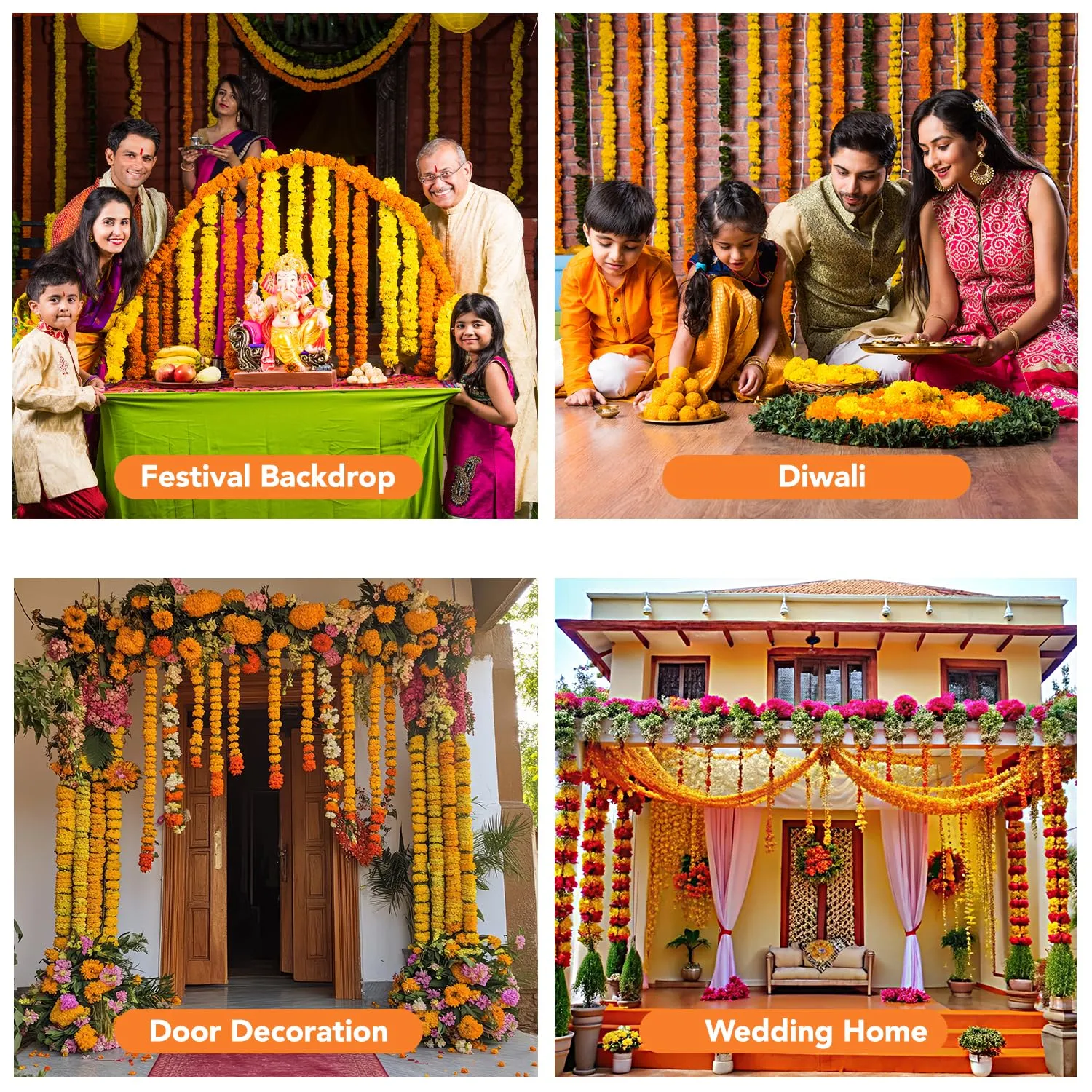 Ekhasa Artificial Orange Hanging Marigold Garlands for Home Decoration | Genda Flowers Garland Ladi for Diwali, Pooja, Ganpati, Festival, Temple Decor | Banthi Poola Dandalu | (Set of 5, 5 feet Each)