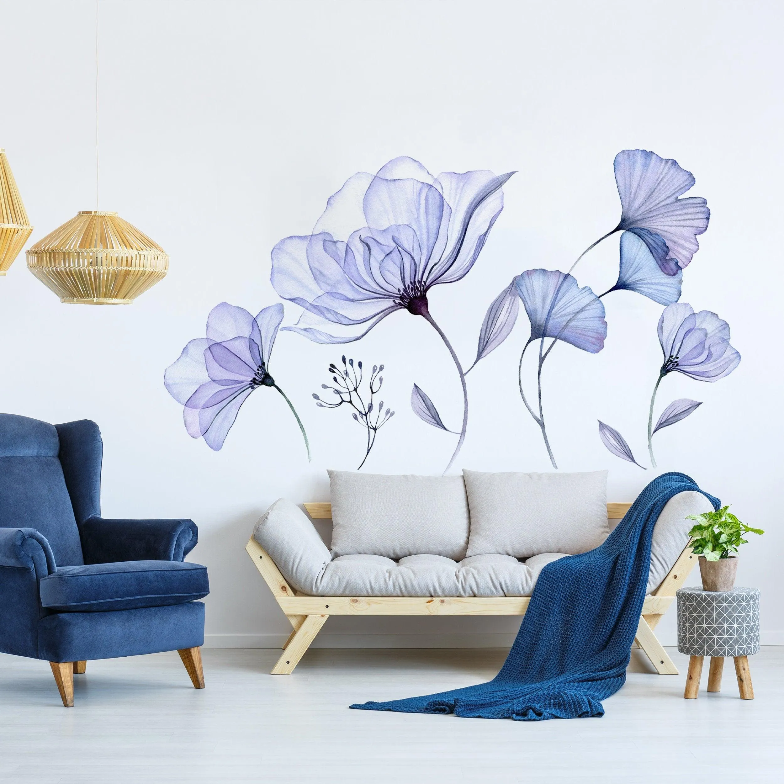 Floral Wall Vinyl Sticker Mural - 3d Blue Flowers Stick Peel Living Room Decor Decal