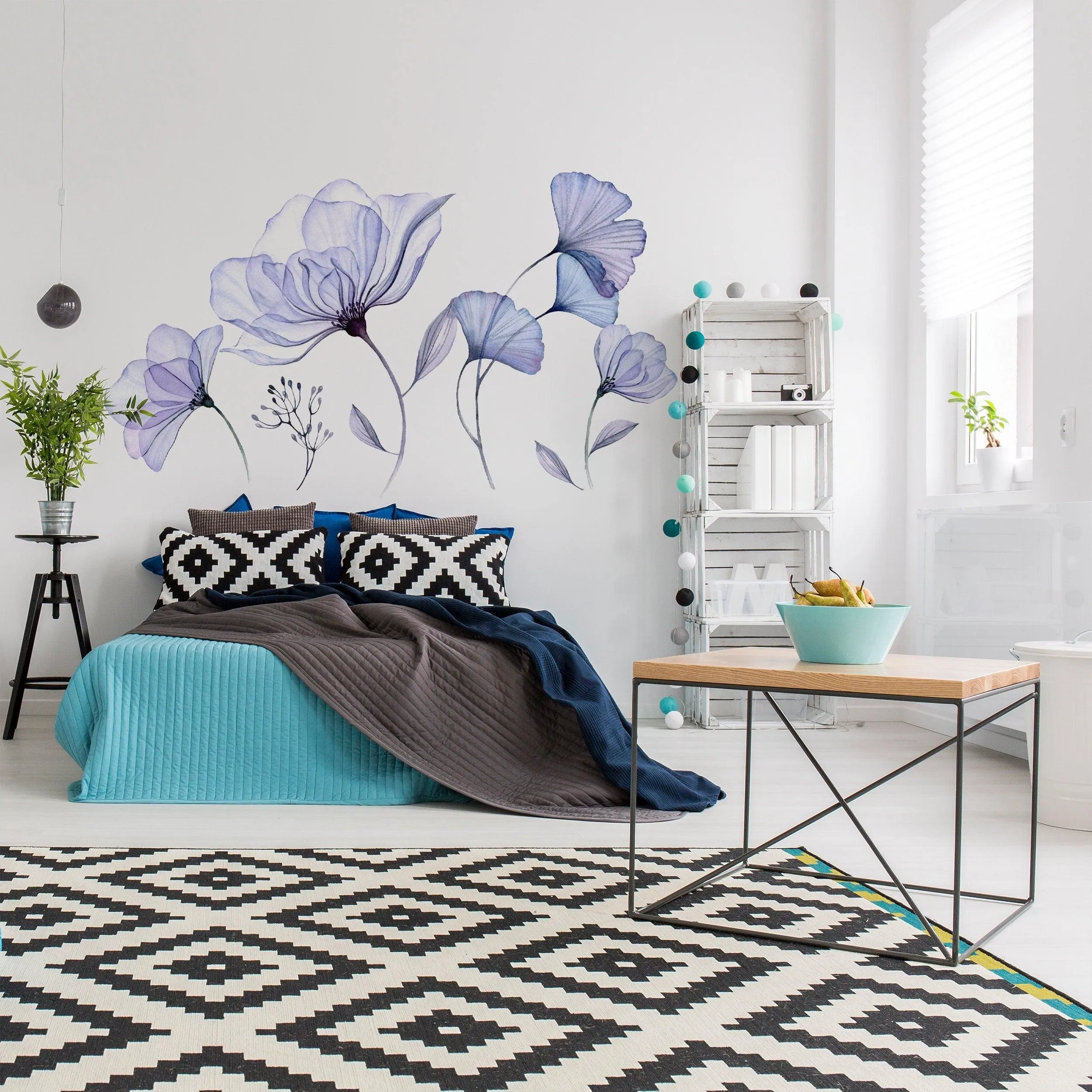 Floral Wall Vinyl Sticker Mural - 3d Blue Flowers Stick Peel Living Room Decor Decal