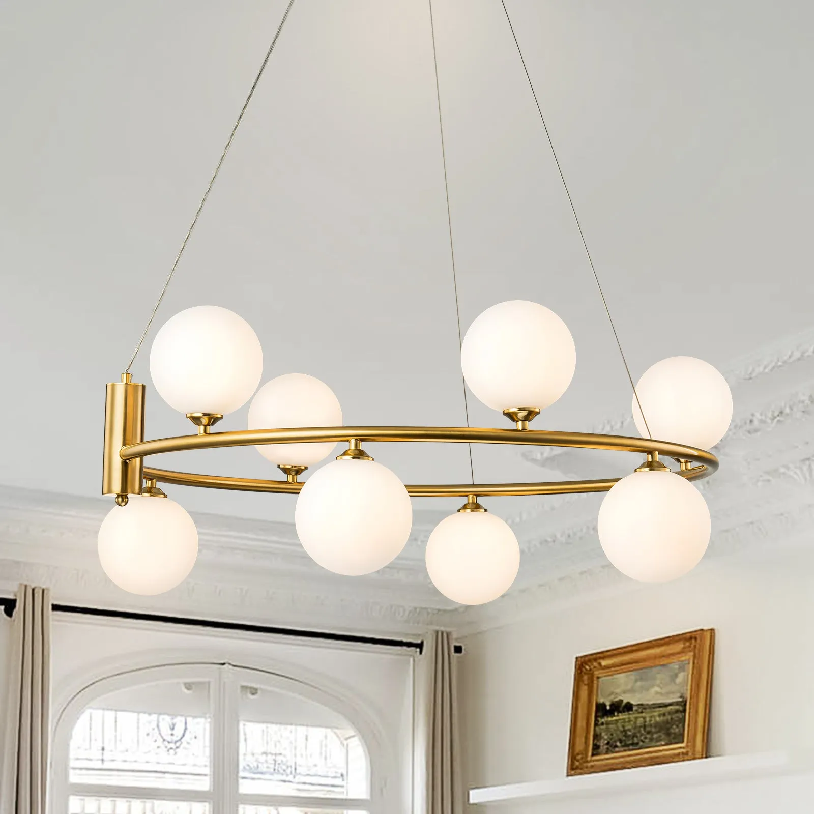Glowlings 6/8-Light Modern Opal Glass Globe Brass Ring Bubbble Chandelier