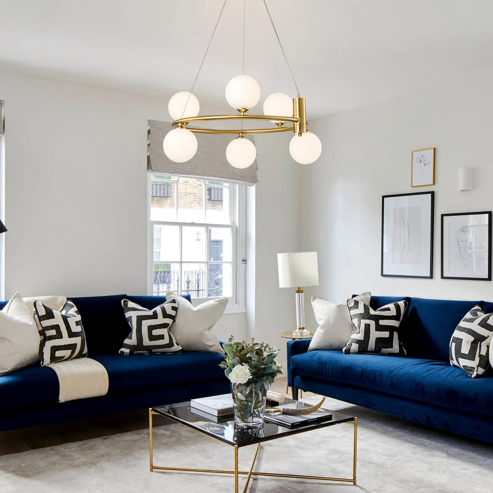 Glowlings 6/8-Light Modern Opal Glass Globe Brass Ring Bubbble Chandelier
