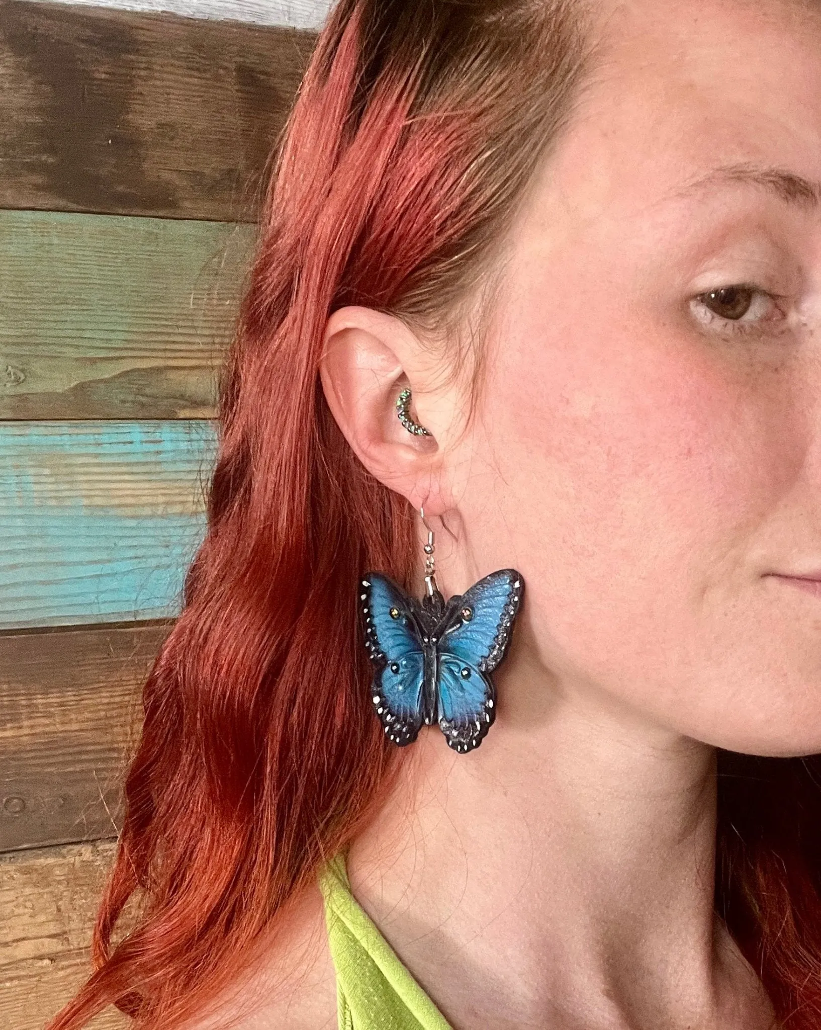 Handmade Leather Blue Morpho Butterfly Earrings