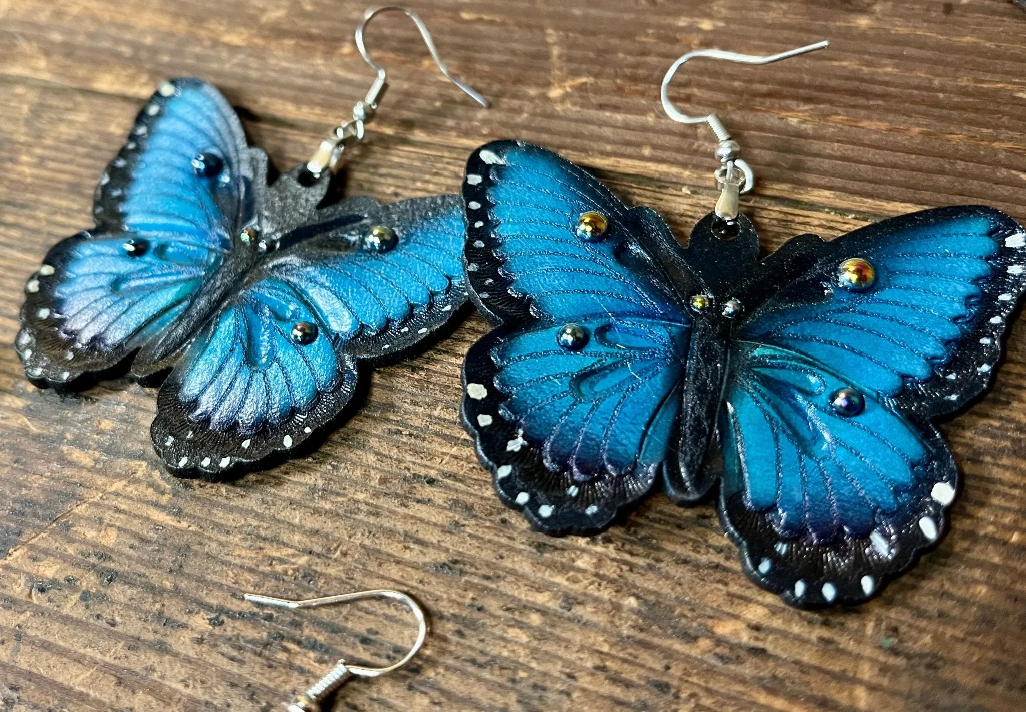 Handmade Leather Blue Morpho Butterfly Earrings