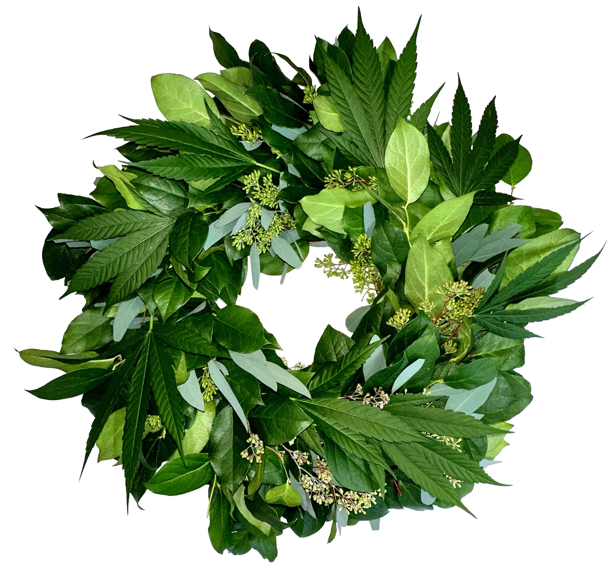 Hemp Leaves, Salal, and Seeded Eucalyptus Wreath