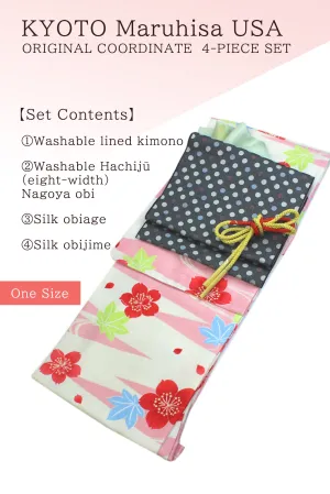 Kimono 4 Piece Coordinate Set / Kimono, Obi, Obi-age, Obi-jime / tailored M Size/white Cherry Blossom