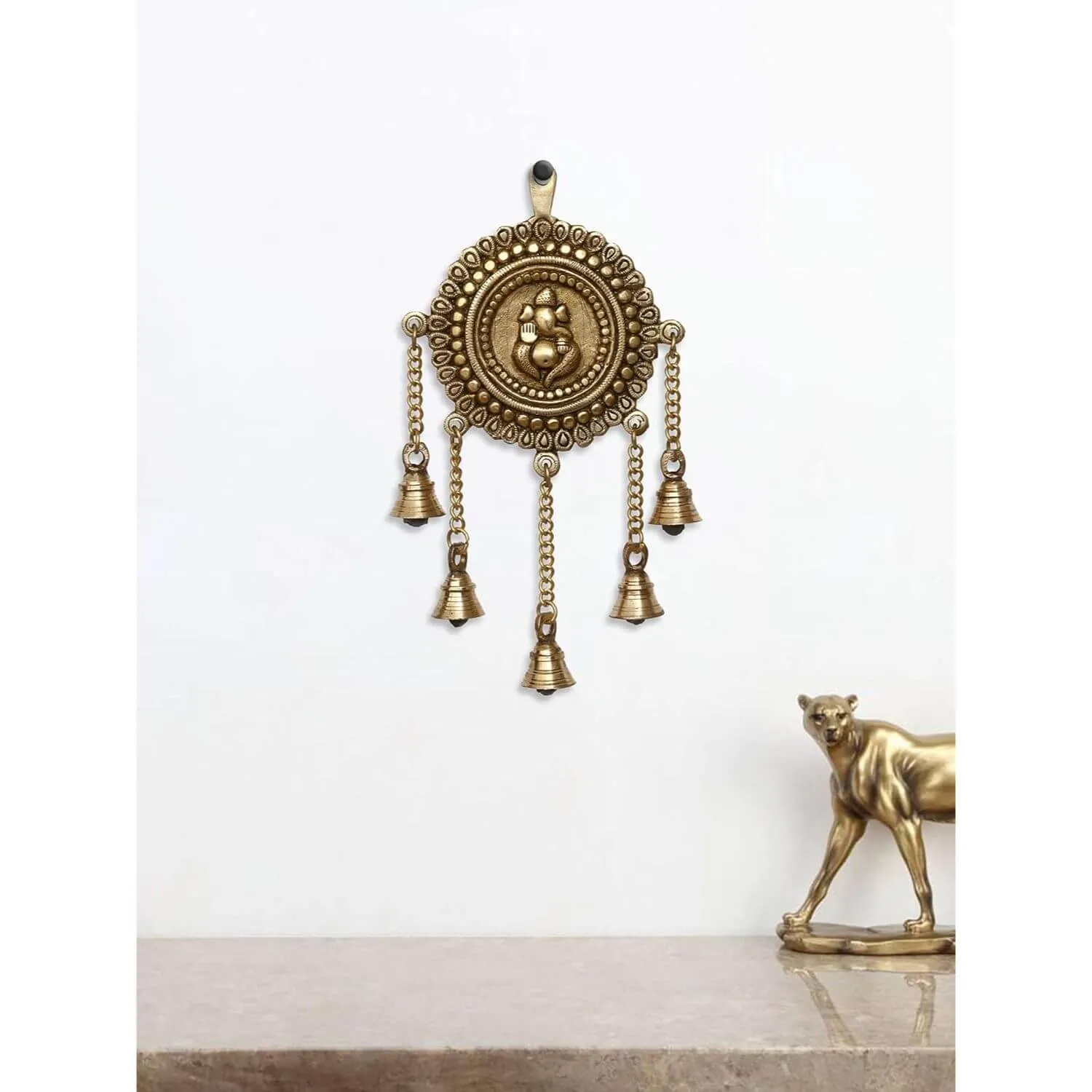 Lord Ganesha Decorative Brass Wall Hanging with 5 Bells, Gold, One Size