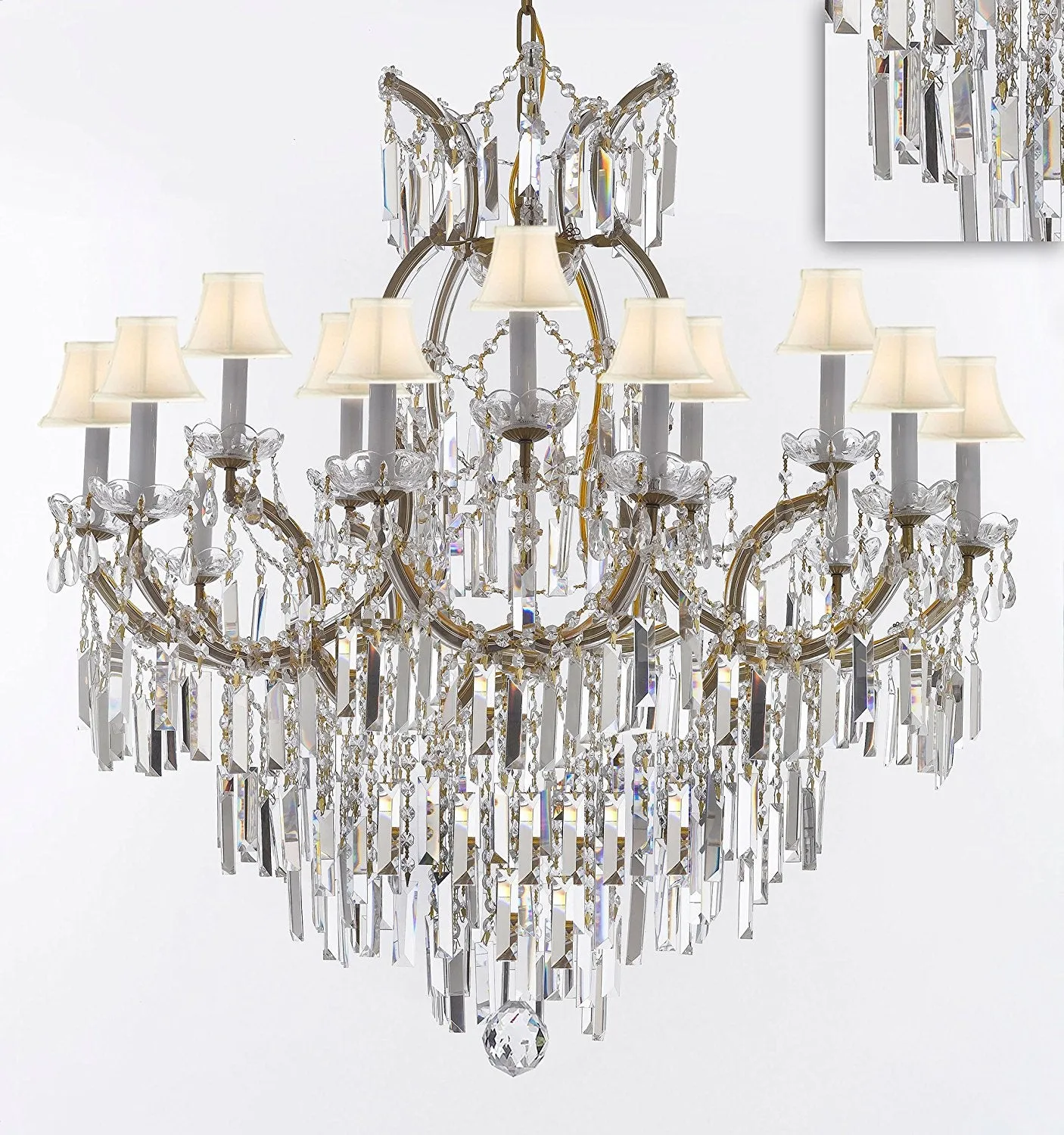 Maria Theresa Chandelier Crystal Lighting Chandeliers w/Optical Quality Fringe Prisms! Great for the Dining Room, Foyer, Entry Way, Living Room! H38" X W37" w/White Shades - A83-B8/WHITESHADES/21510/15 1