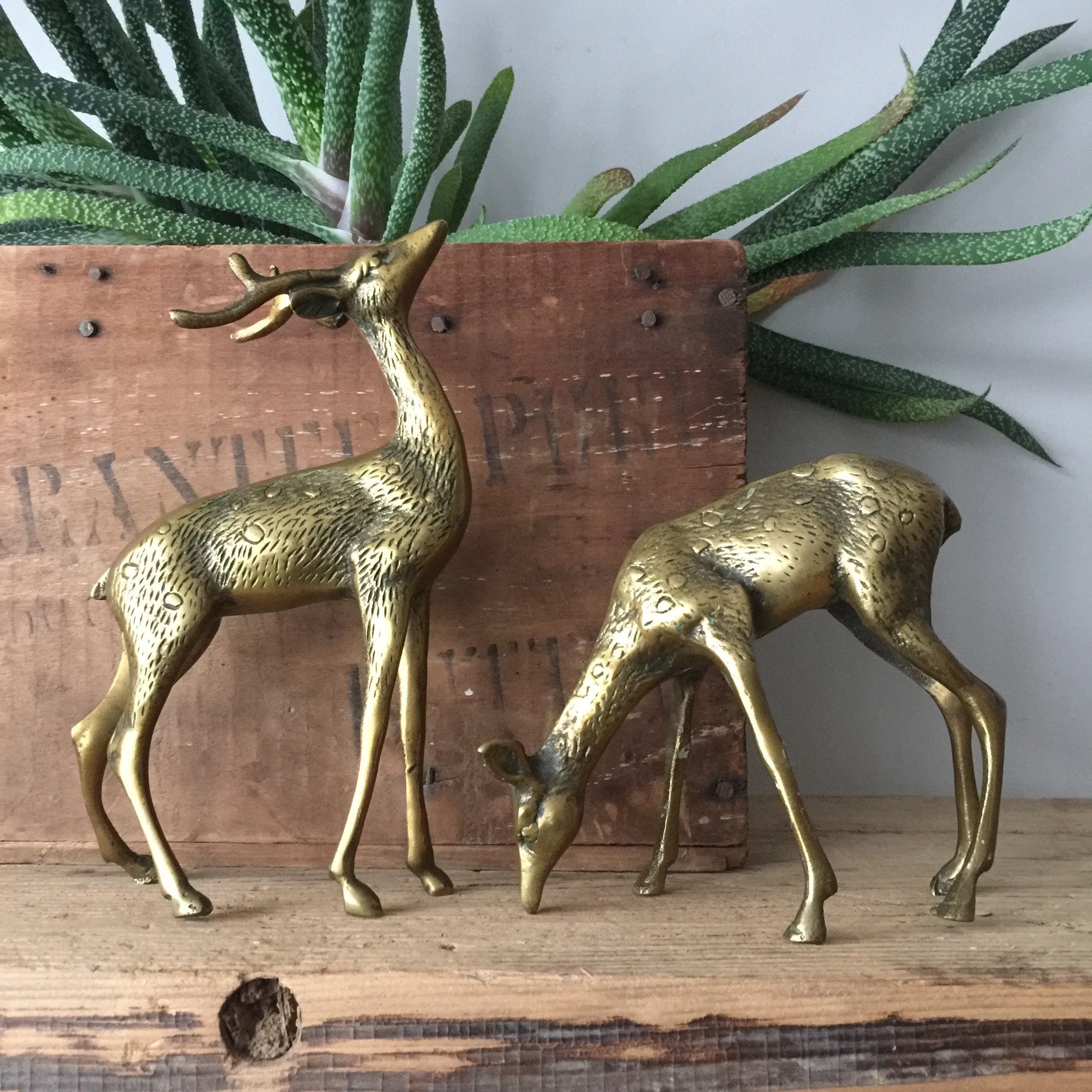 *Medium* Vintage Brass Pair of Deer