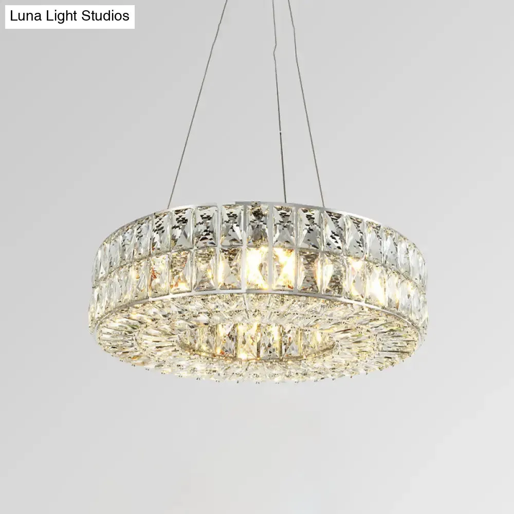 Minimalist Chrome Chandelier with Beveled Crystal Prisms - Circle Design, 8-Bulb Pendant Light for Dining Room