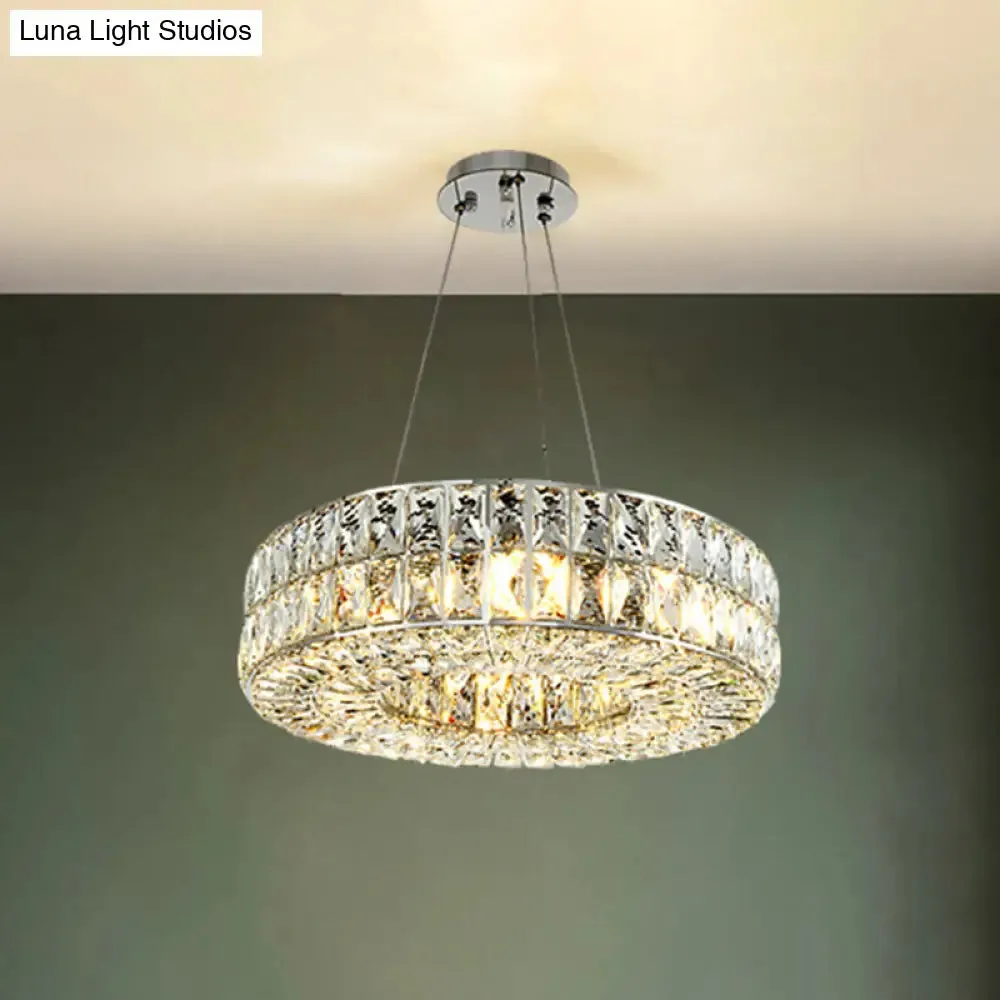 Minimalist Chrome Chandelier with Beveled Crystal Prisms - Circle Design, 8-Bulb Pendant Light for Dining Room