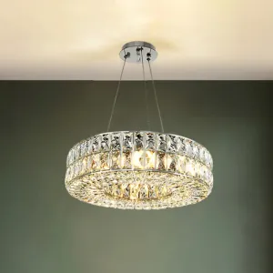 Minimalist Chrome Chandelier with Beveled Crystal Prisms - Circle Design, 8-Bulb Pendant Light for Dining Room