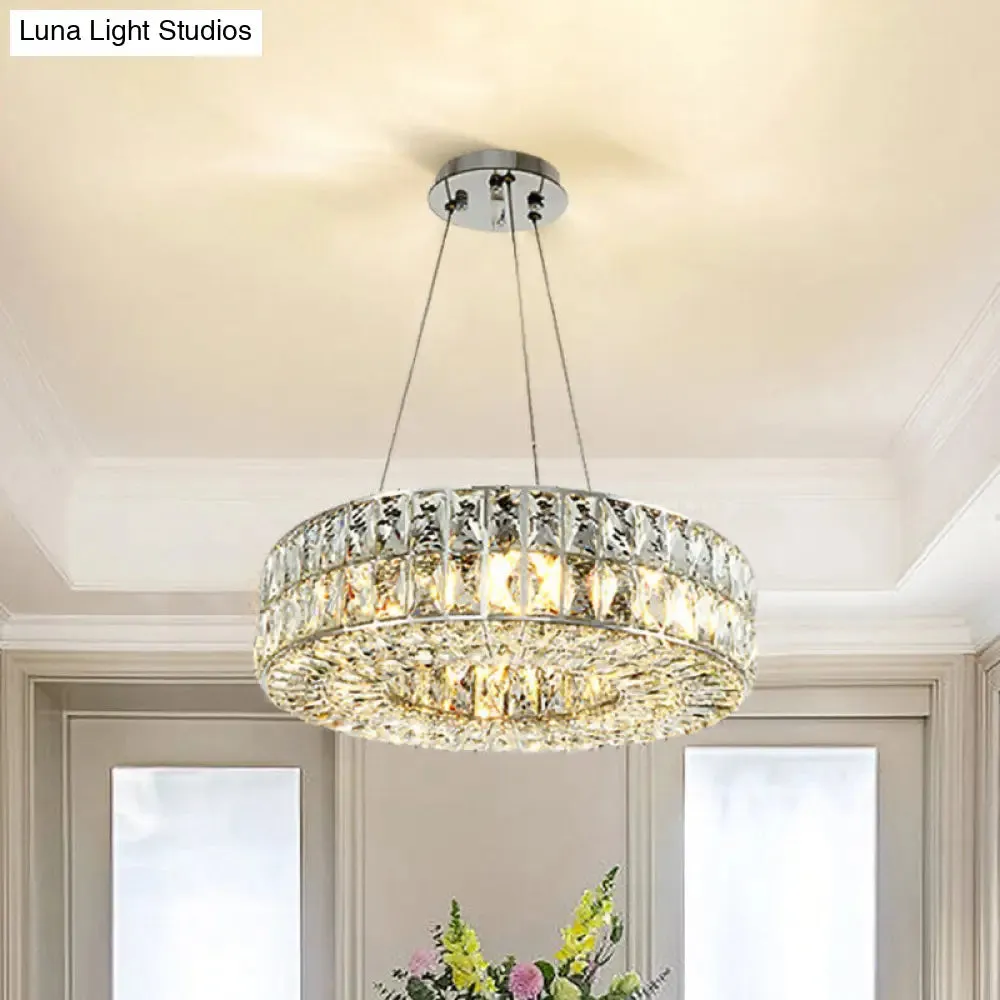 Minimalist Chrome Chandelier with Beveled Crystal Prisms - Circle Design, 8-Bulb Pendant Light for Dining Room