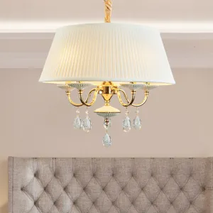 Minimalist Drum Chandelier with Crystal Droplet - 4 Heads Pendant Lamp in White/Grey