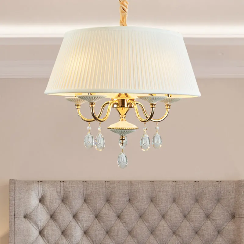 Minimalist Drum Chandelier with Crystal Droplet - 4 Heads Pendant Lamp in White/Grey