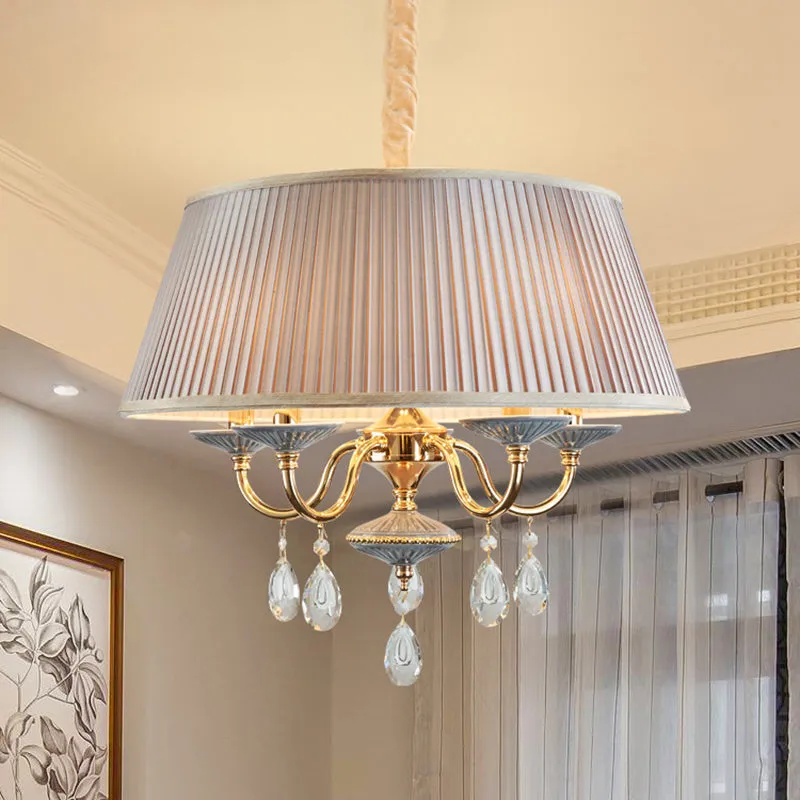 Minimalist Drum Chandelier with Crystal Droplet - 4 Heads Pendant Lamp in White/Grey