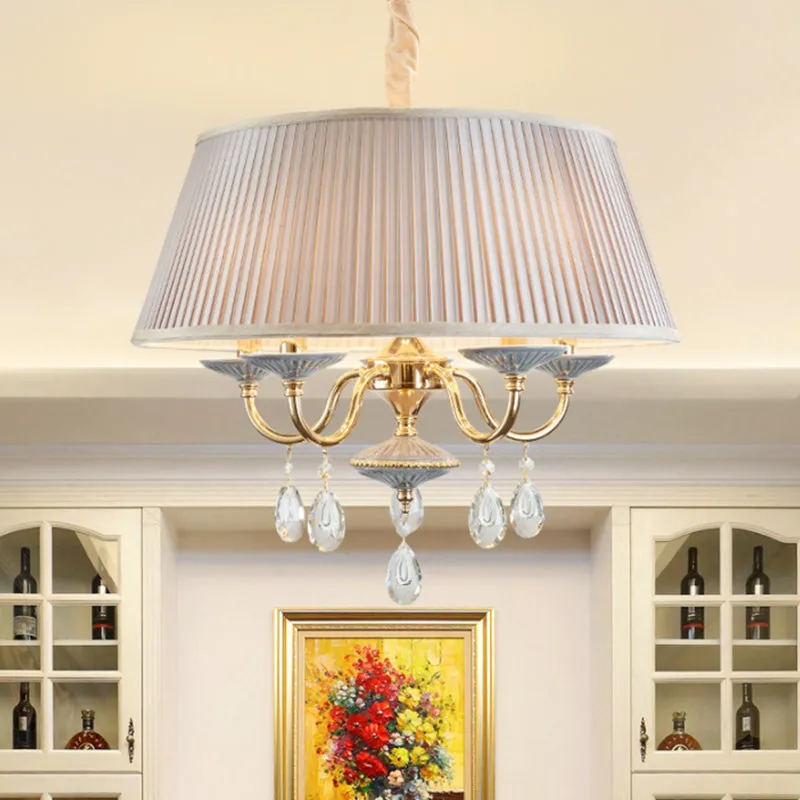 Minimalist Drum Chandelier with Crystal Droplet - 4 Heads Pendant Lamp in White/Grey