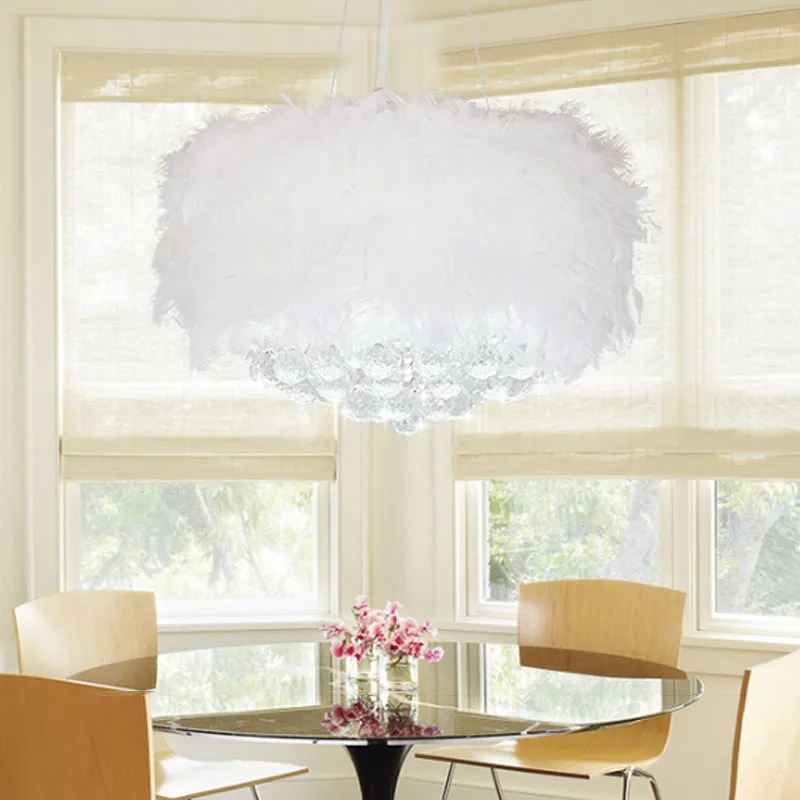 Minimalist Feather Pendant Chandelier Light in White with Crystal Orb, 16"/18"/23.5" W