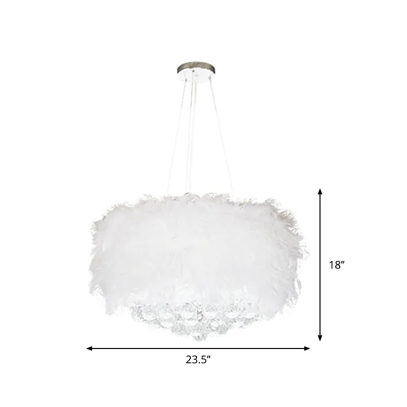 Minimalist Feather Pendant Chandelier Light in White with Crystal Orb, 16"/18"/23.5" W