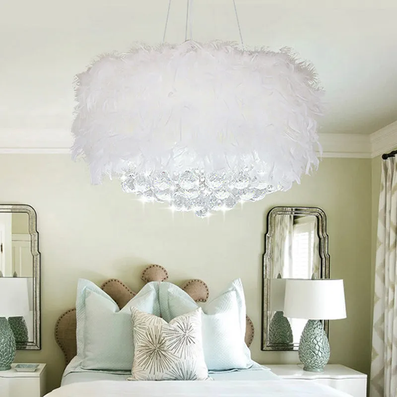 Minimalist Feather Pendant Chandelier Light in White with Crystal Orb, 16"/18"/23.5" W