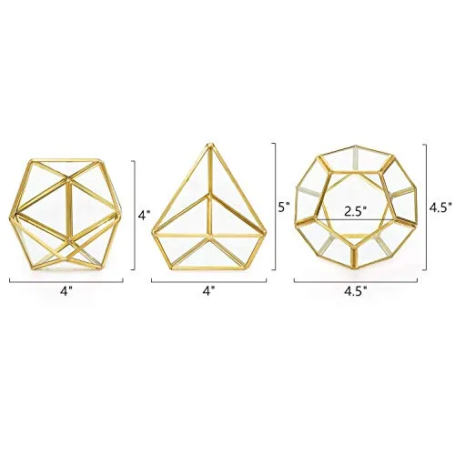 Mkono 4 Inches Mini Glass Geometric Terrarium Container Set of 3 Modern Tabletop Planter Shelves Decor Display Box Centerpiece Gift for Succulent Miniature Fairy Garden, Gold (Plant Not Included)