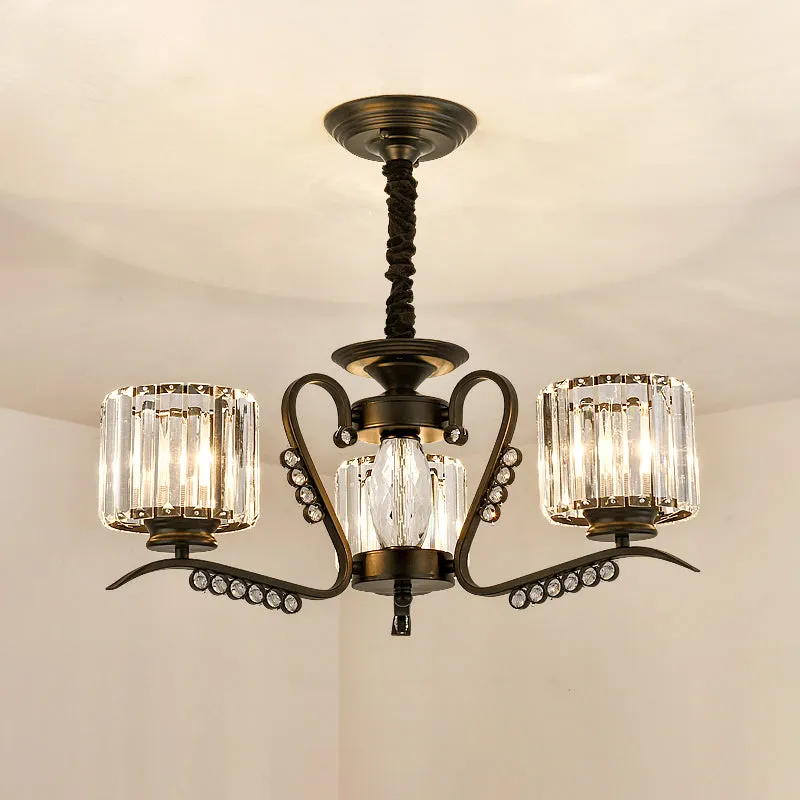 Modern 3/5-Head Black Chandelier with Crystal Shade - Ideal for Living Room Suspension Lighting