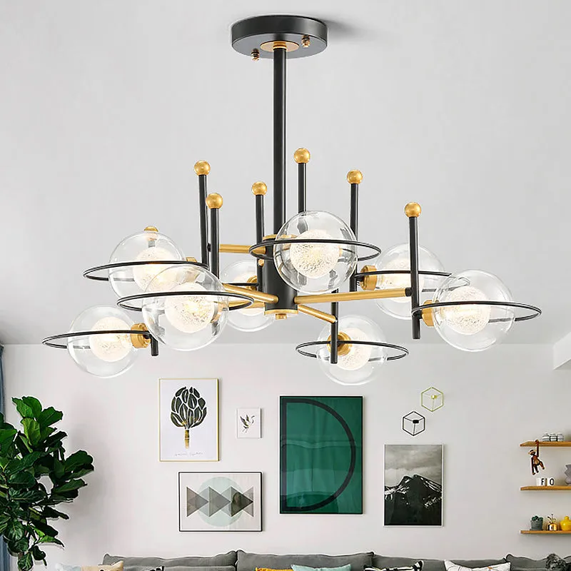 Modern Black Round Ceiling Light Fixture with Clear Glass - 8-Light Vertical Chandelier Pendant Lamp