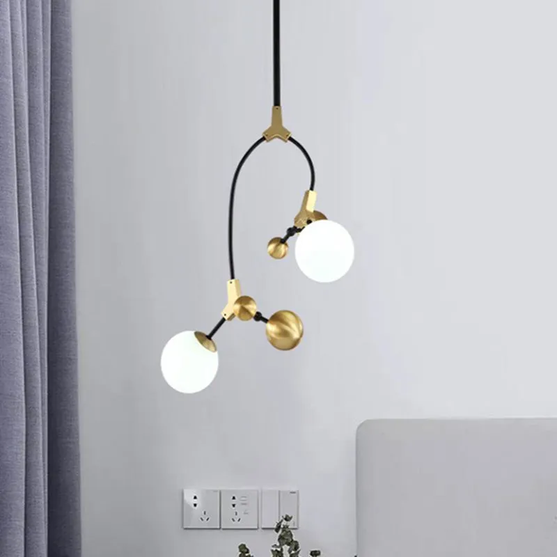 Modern Brass Ball Hanging Lamp with White Glass Shade - Bedroom Chandelier Pendant Light (2/5/7 Heads)