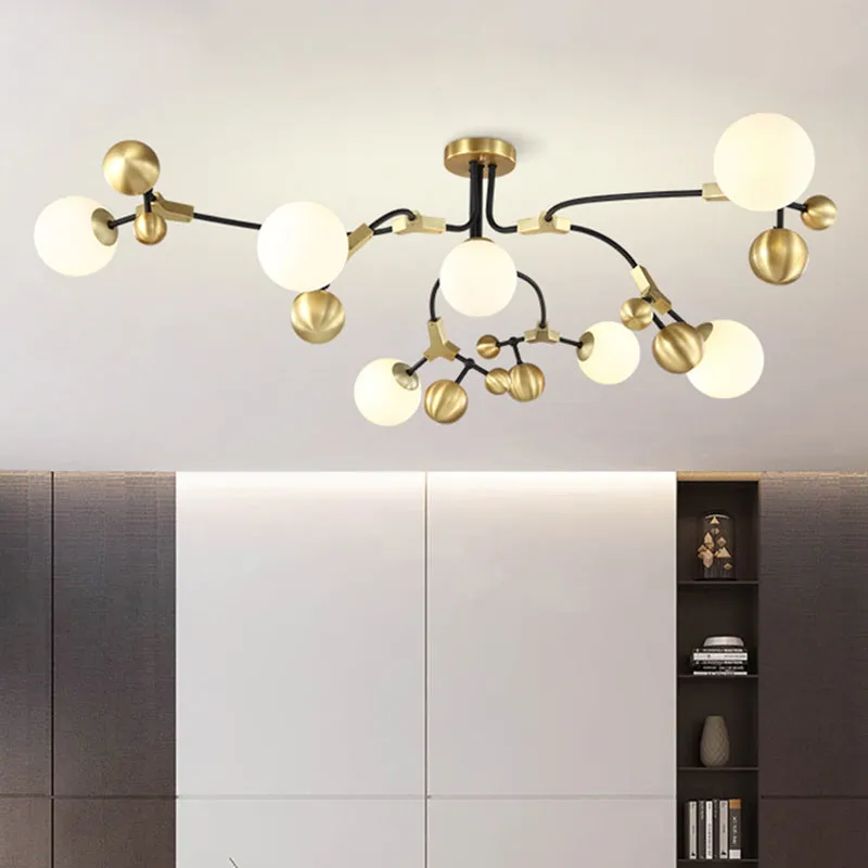 Modern Brass Ball Hanging Lamp with White Glass Shade - Bedroom Chandelier Pendant Light (2/5/7 Heads)