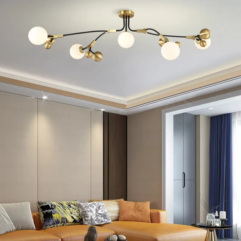 Modern Brass Ball Hanging Lamp with White Glass Shade - Bedroom Chandelier Pendant Light (2/5/7 Heads)