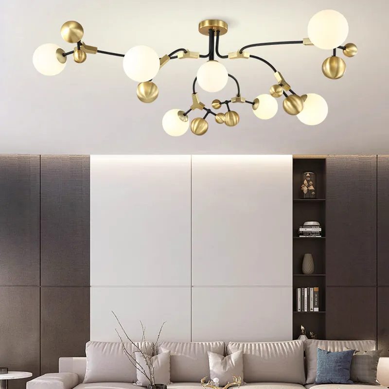 Modern Brass Ball Hanging Lamp with White Glass Shade - Bedroom Chandelier Pendant Light (2/5/7 Heads)