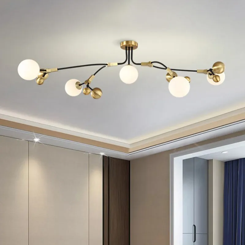 Modern Brass Ball Hanging Lamp with White Glass Shade - Bedroom Chandelier Pendant Light (2/5/7 Heads)