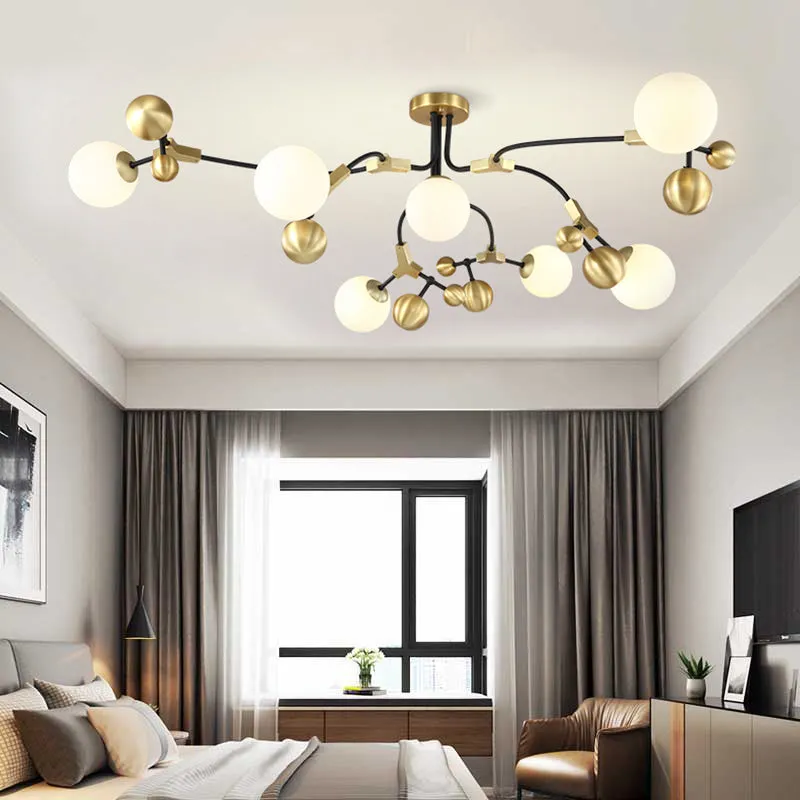 Modern Brass Ball Hanging Lamp with White Glass Shade - Bedroom Chandelier Pendant Light (2/5/7 Heads)