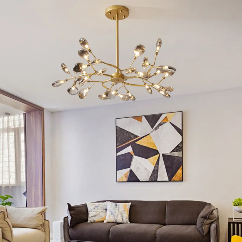 Modern Brass Leaf Pendant Chandelier with LED Lighting for Living Room
